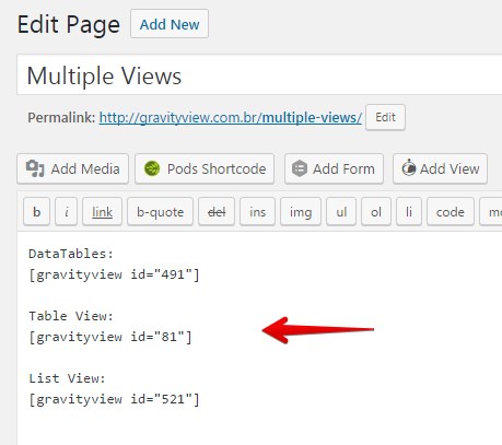 Edit Page screen showing shortcodes for displaying multiple views on a webpage