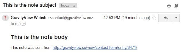 Email showing a note with subject, body, and link sent from GravityView website