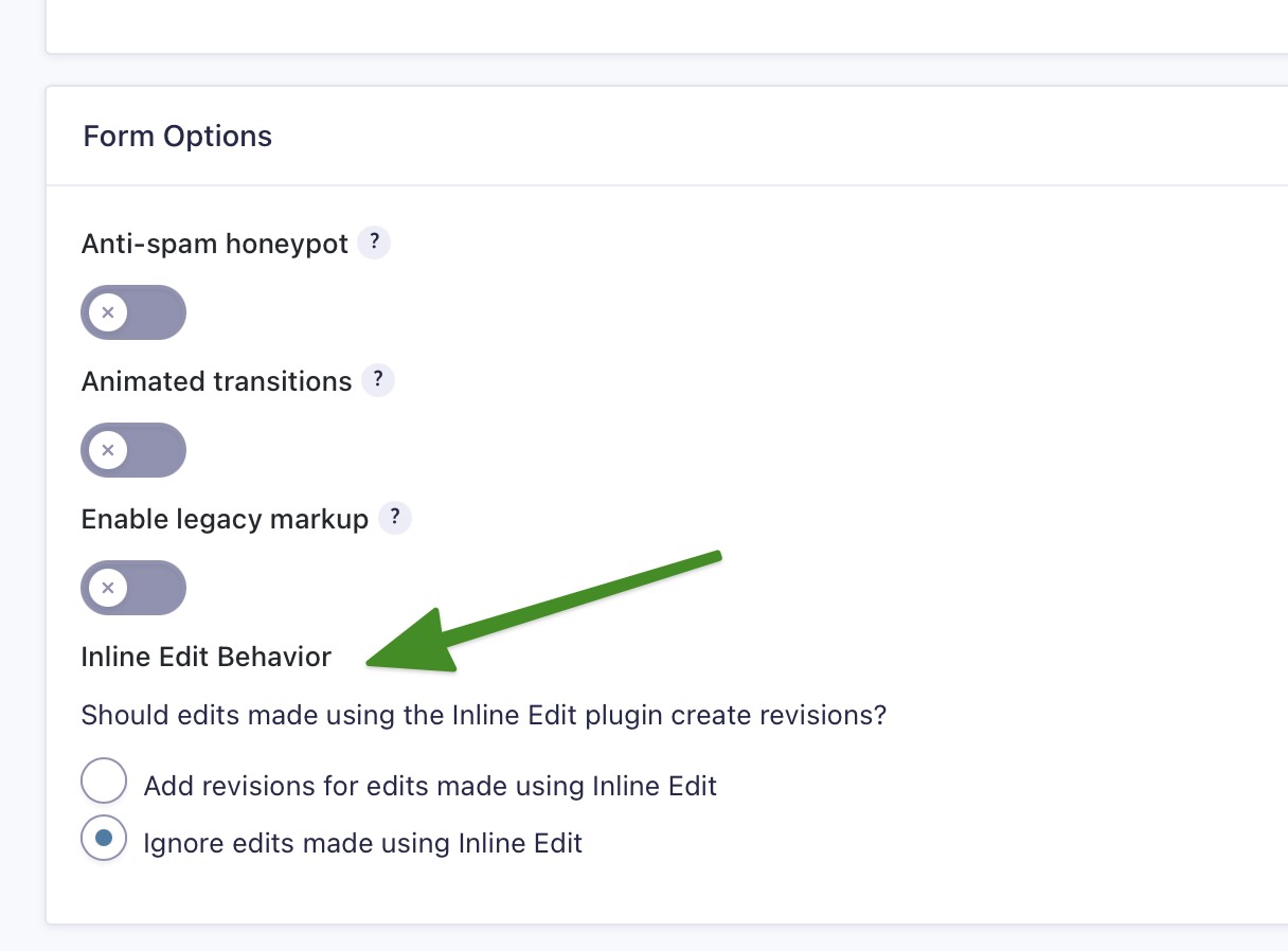 Form Options settings showing Inline Edit Behavior with revision options