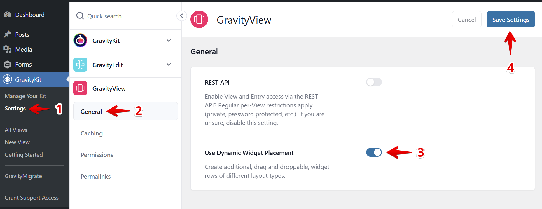 GravityKit settings showing