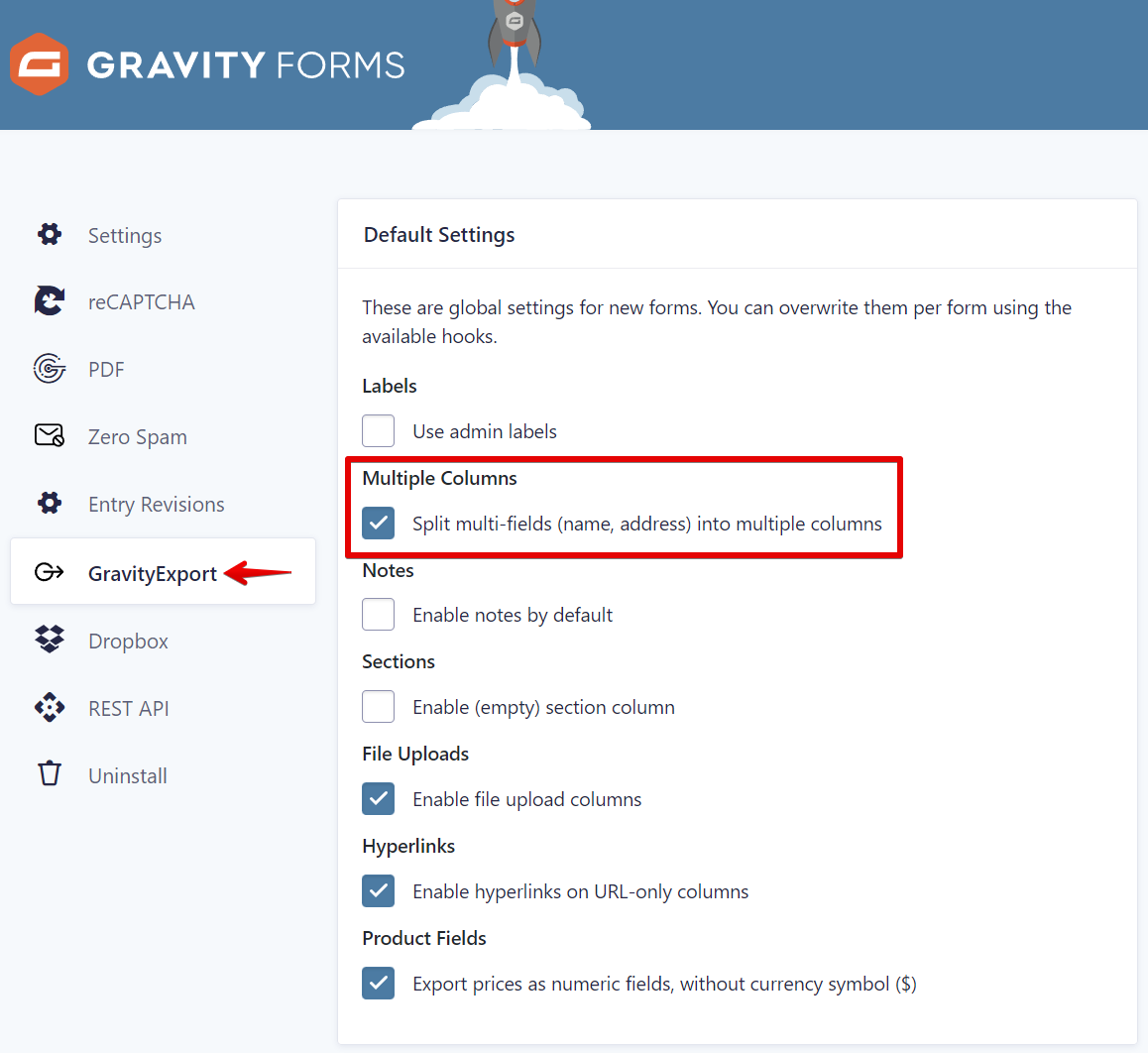 Settings menu with GravityExport selected, showing option to split multi-fields into multiple columns enabled