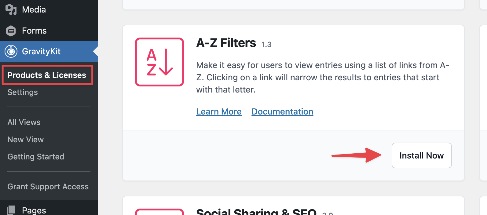 A-Z Filters widget installation button highlighted in GravityKit dashboard