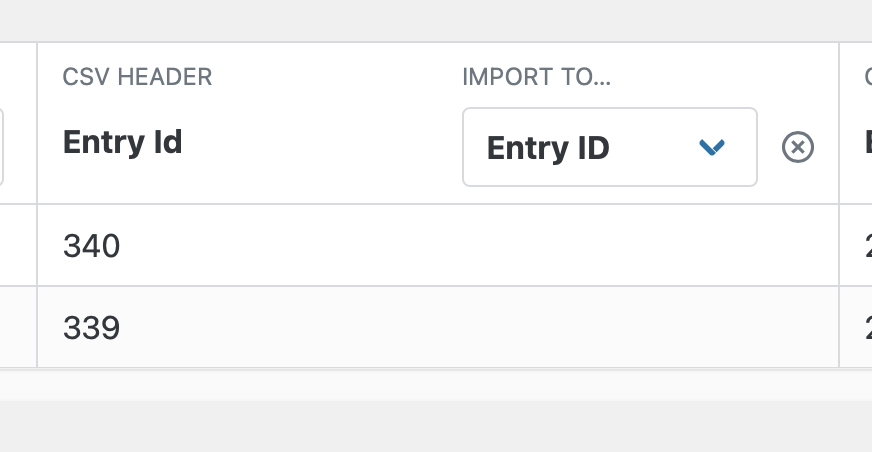 CSV table with columns: Entry Id, Import to. Shows Entry IDs 340, 339 for error troubleshooting