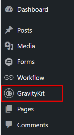 WordPress dashboard sidebar highlighting GravityKit menu option