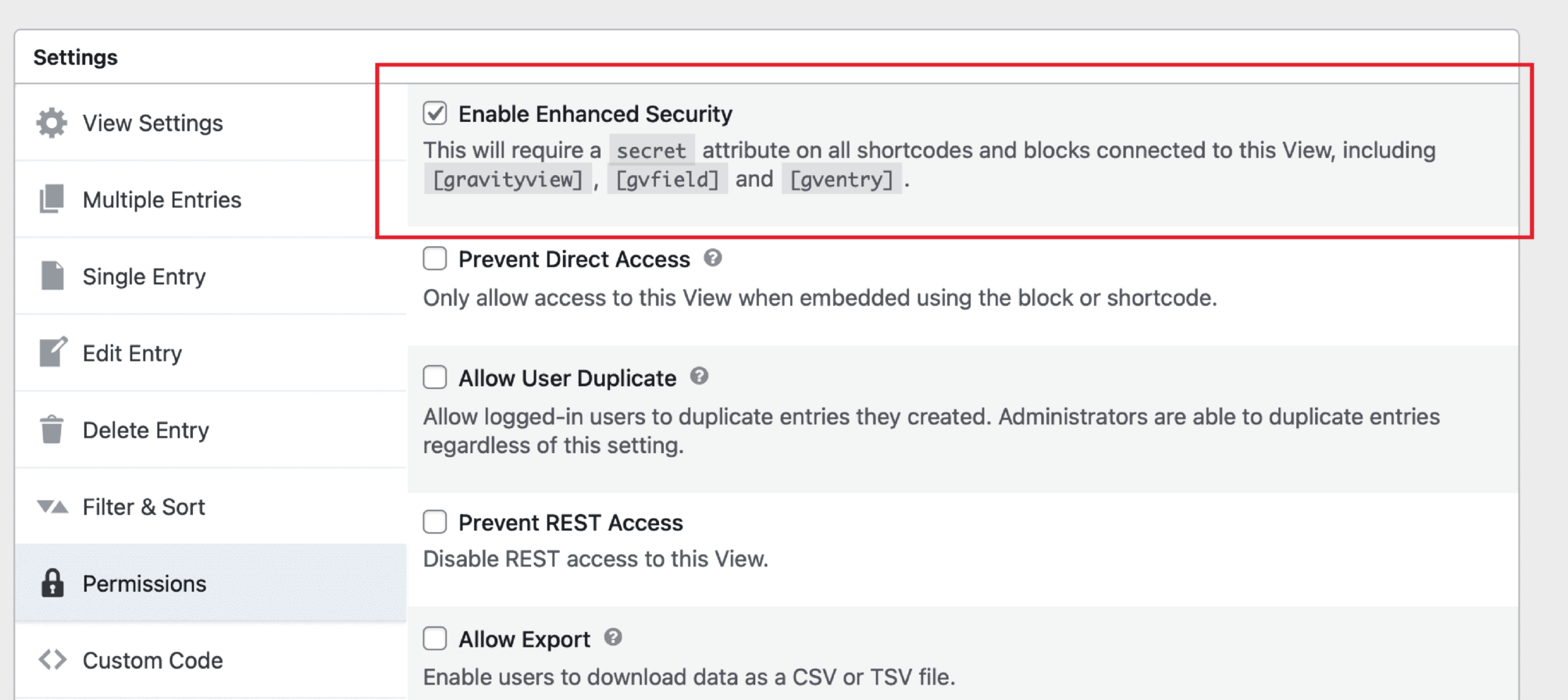 The View Settings box, with Permissions tab activated, showing Enable Enhanced Security checked. There is a red box in the screenshot to highlight the setting.
