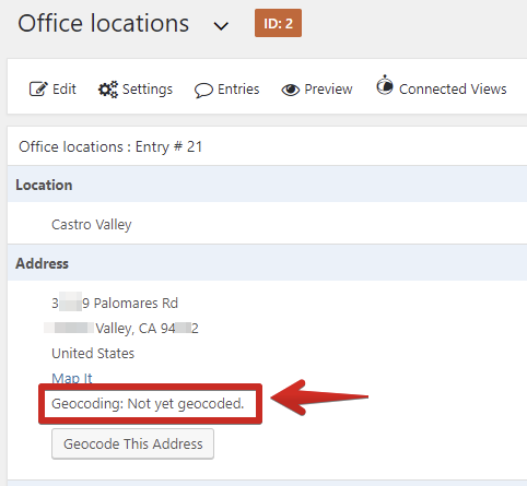 Office location entry indicating geocoding is not yet completed