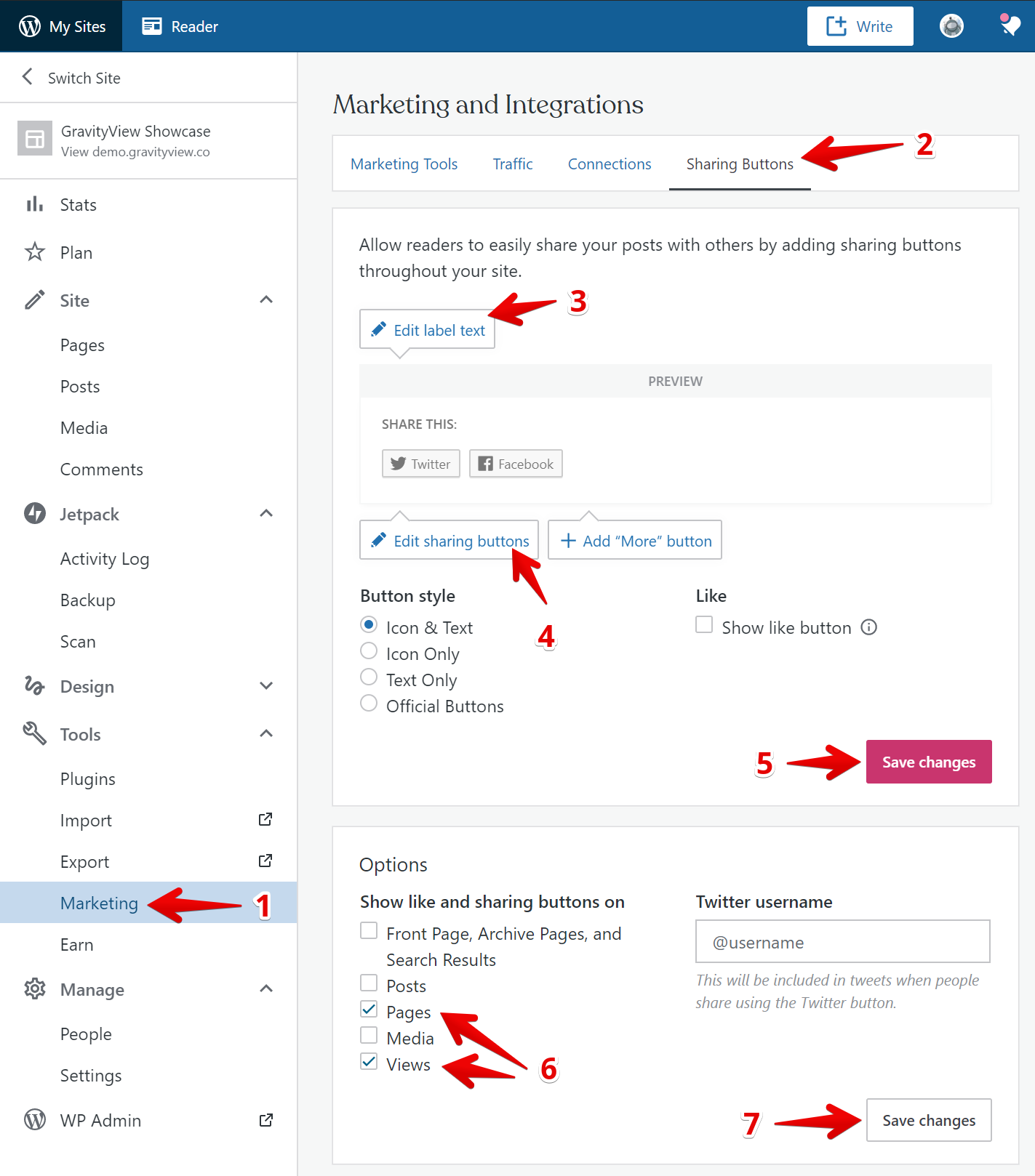 JetPack settings for adding and customizing social sharing buttons on website posts and pages