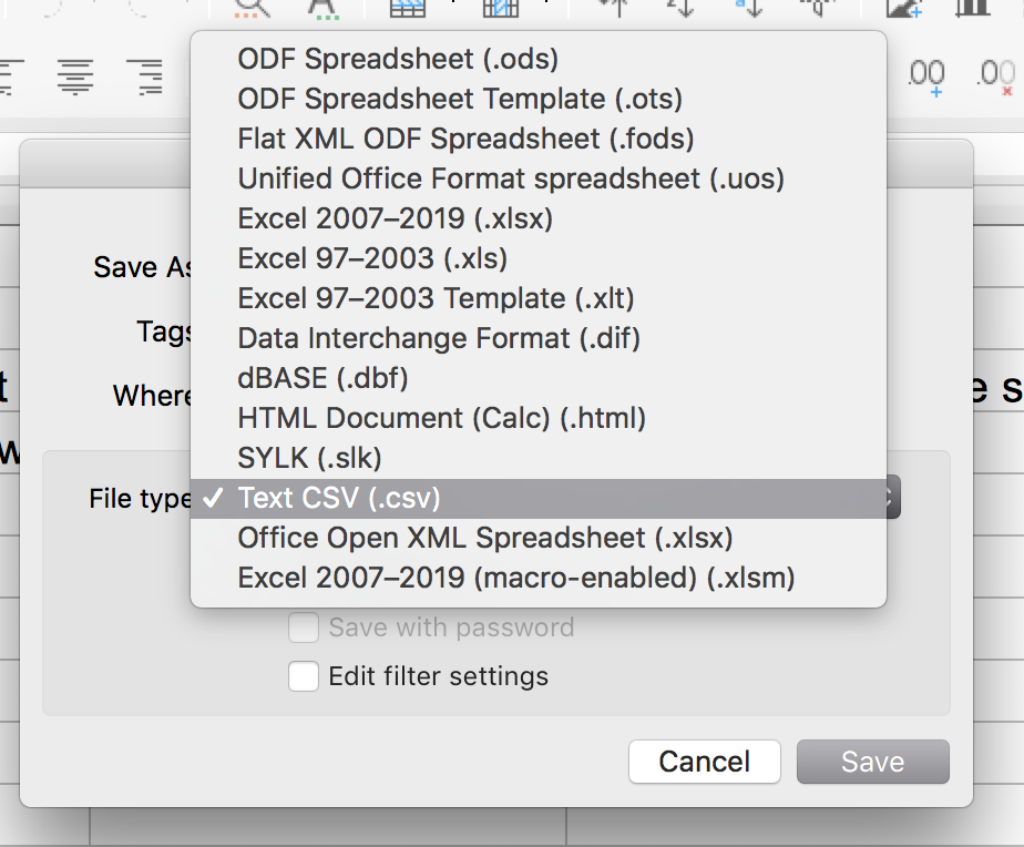 Dropdown menu in LibreOffice to select "Text CSV (.csv)" for file export