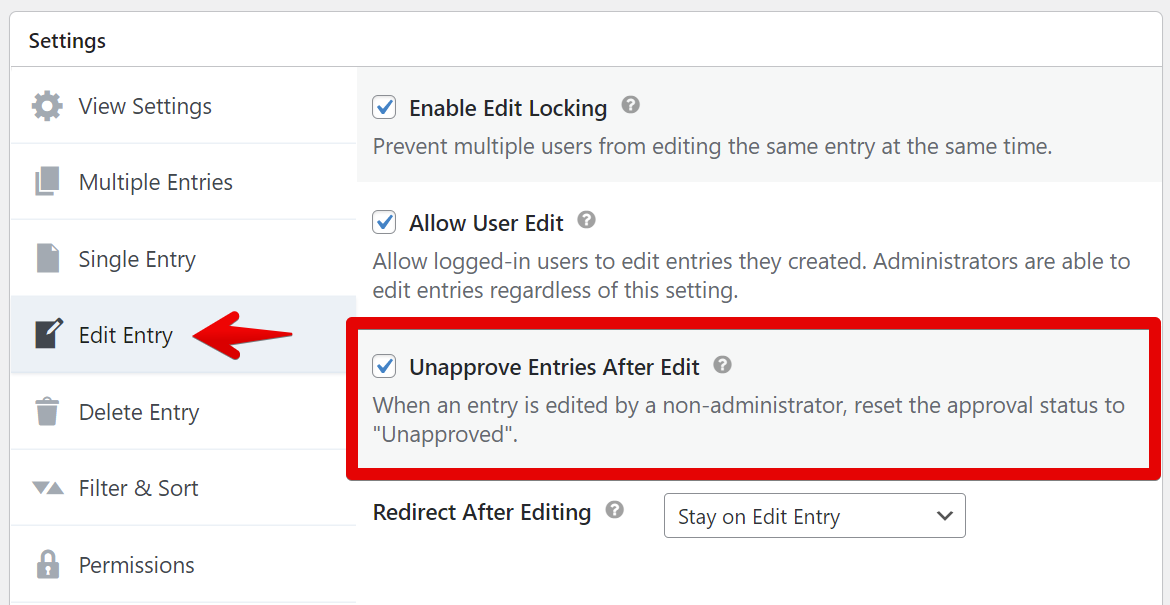 Screenshot of the View Settings panel showing the option to Unapprove Entries After Edit