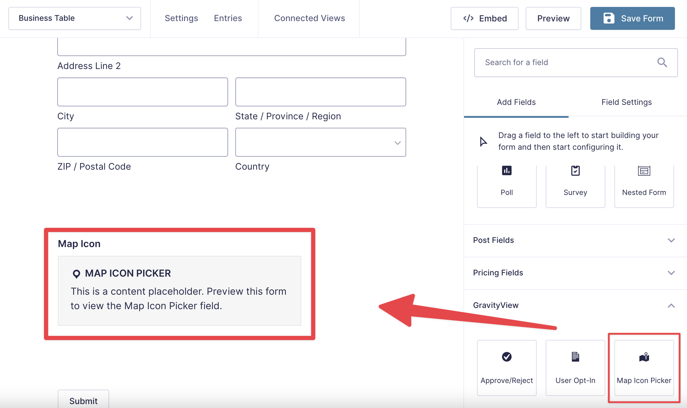 Map Icon Picker field option highlighted for custom map icons setup