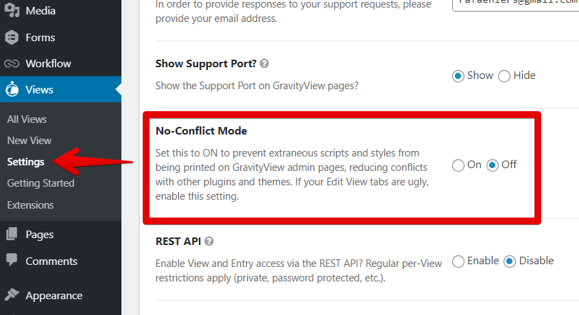 "No-Conflict Mode setting in GravityView admin options, toggle switch showing Off."