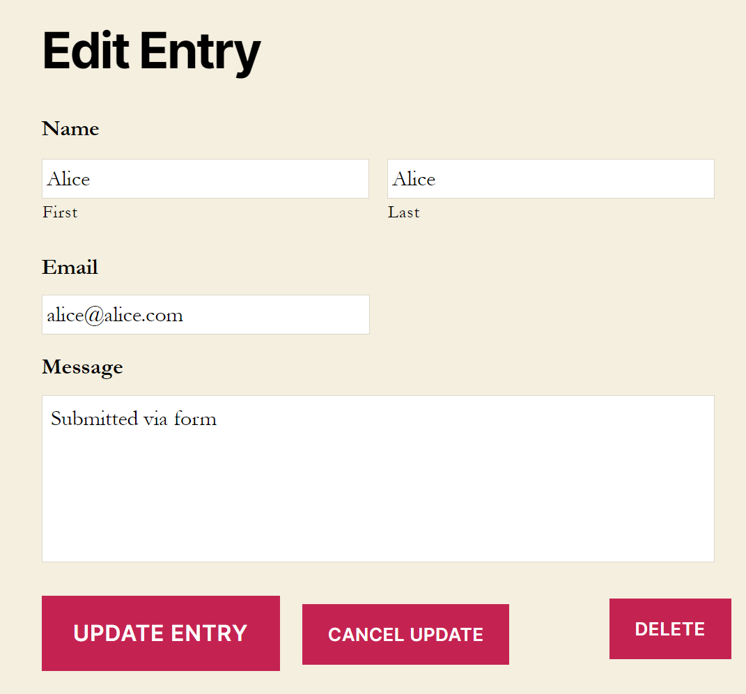 Edit Entry page with fields for name, email, message; buttons for updating, canceling, and deleting