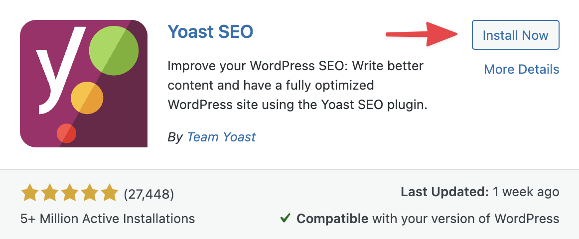 Yoast SEO plugin card with "Install Now" button highlighted for WordPress integration