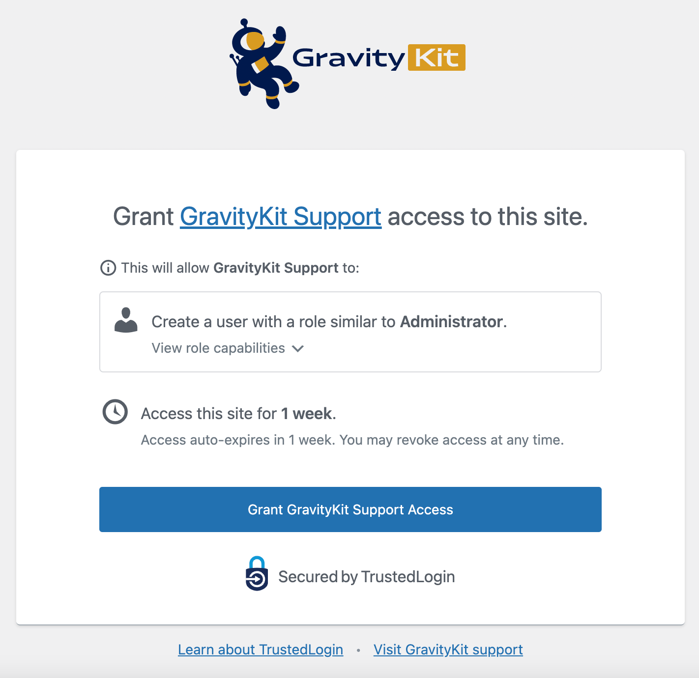 The Grant Support Access link underneath the GravityKit menu item in WordPress