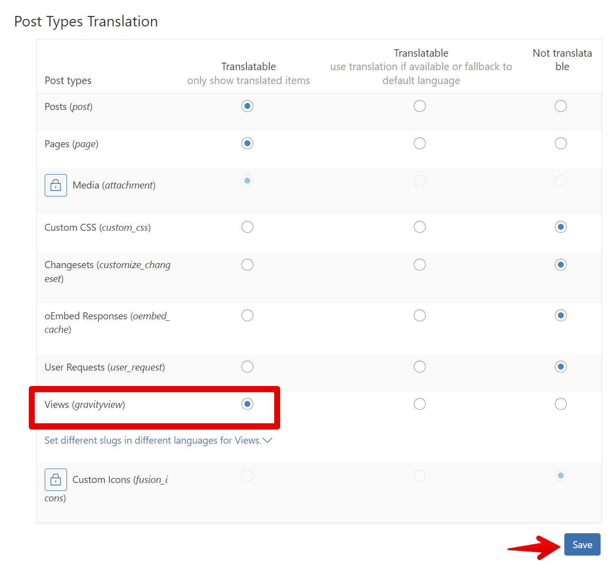 Post types translation settings with "Views (gravityview)" set as translatable. Save button highlighted
