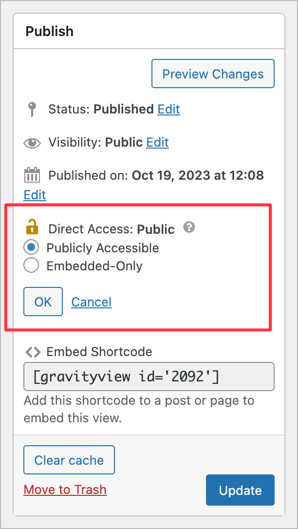 Direct Access setting with options for Publicly Accessible or Embedded-Only and OK or Cancel buttons