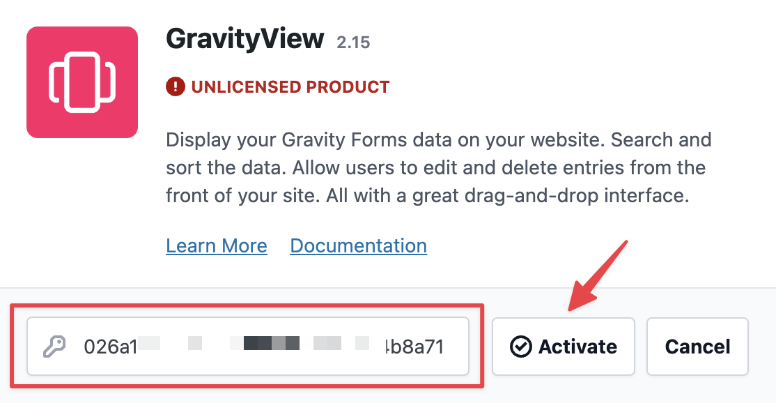 GravityView plugin interface showing license input field and Activate button