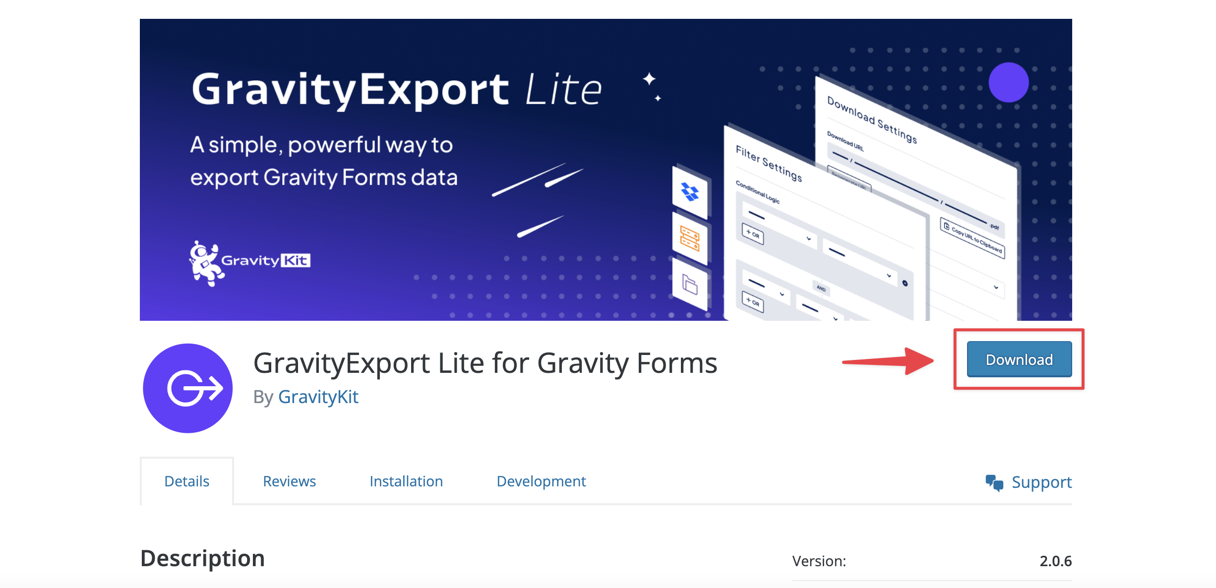 Download button for GravityExport Lite in the Gravity Forms documentation