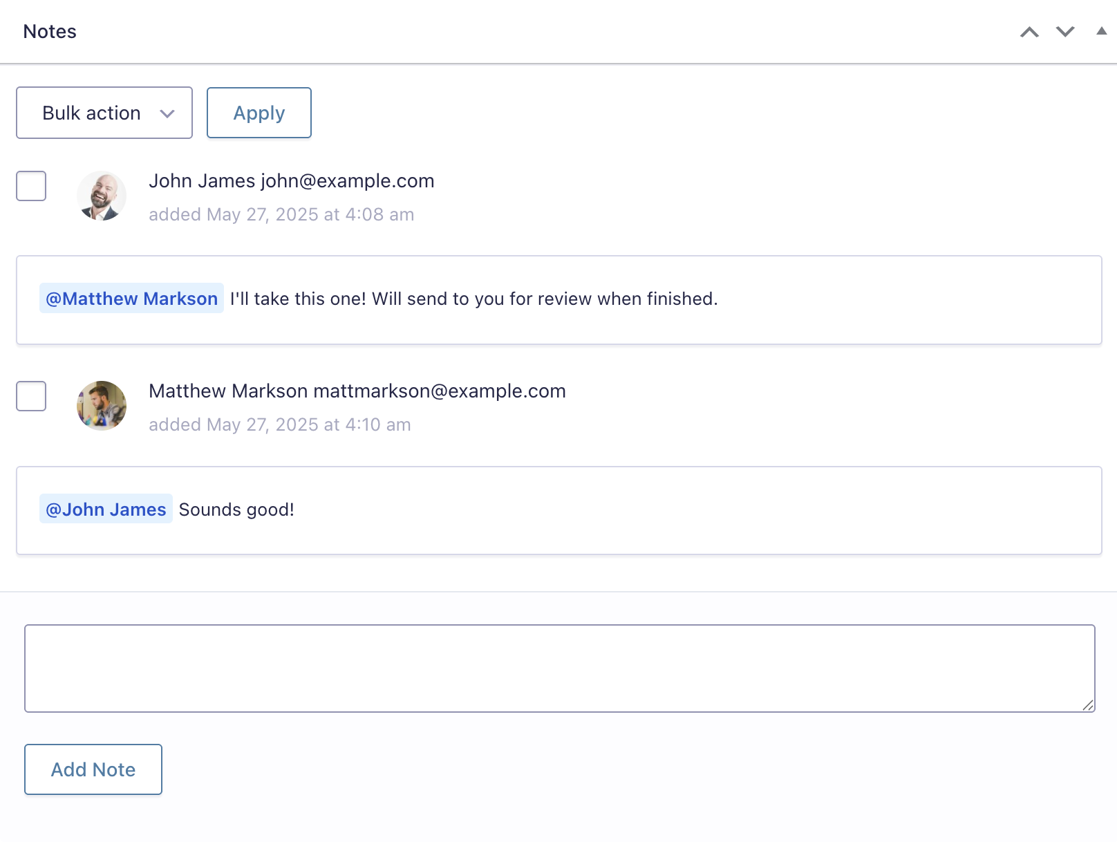 Two notes added to an entry; for each note you can see the name and email of the user who added it, along with the message.
