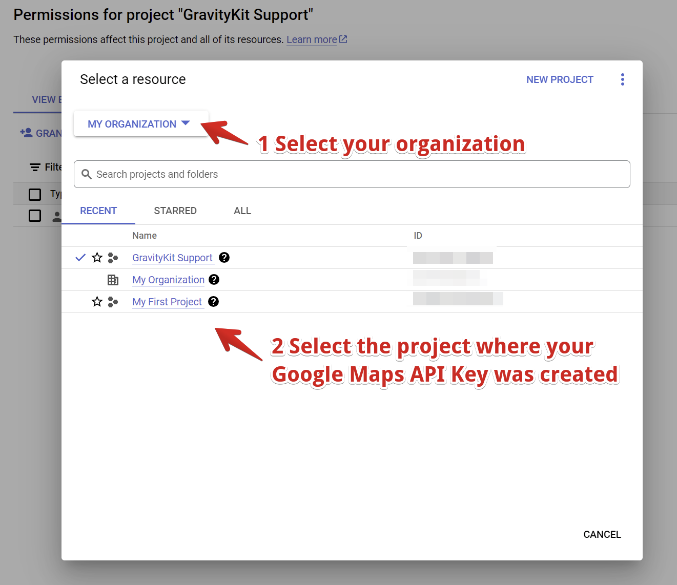 Select organization and project for Google Cloud support access setup
