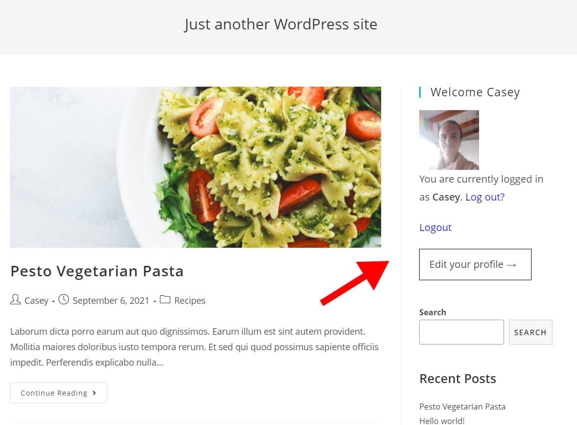"Edit your profile" link highlighted on a WordPress blog sidebar