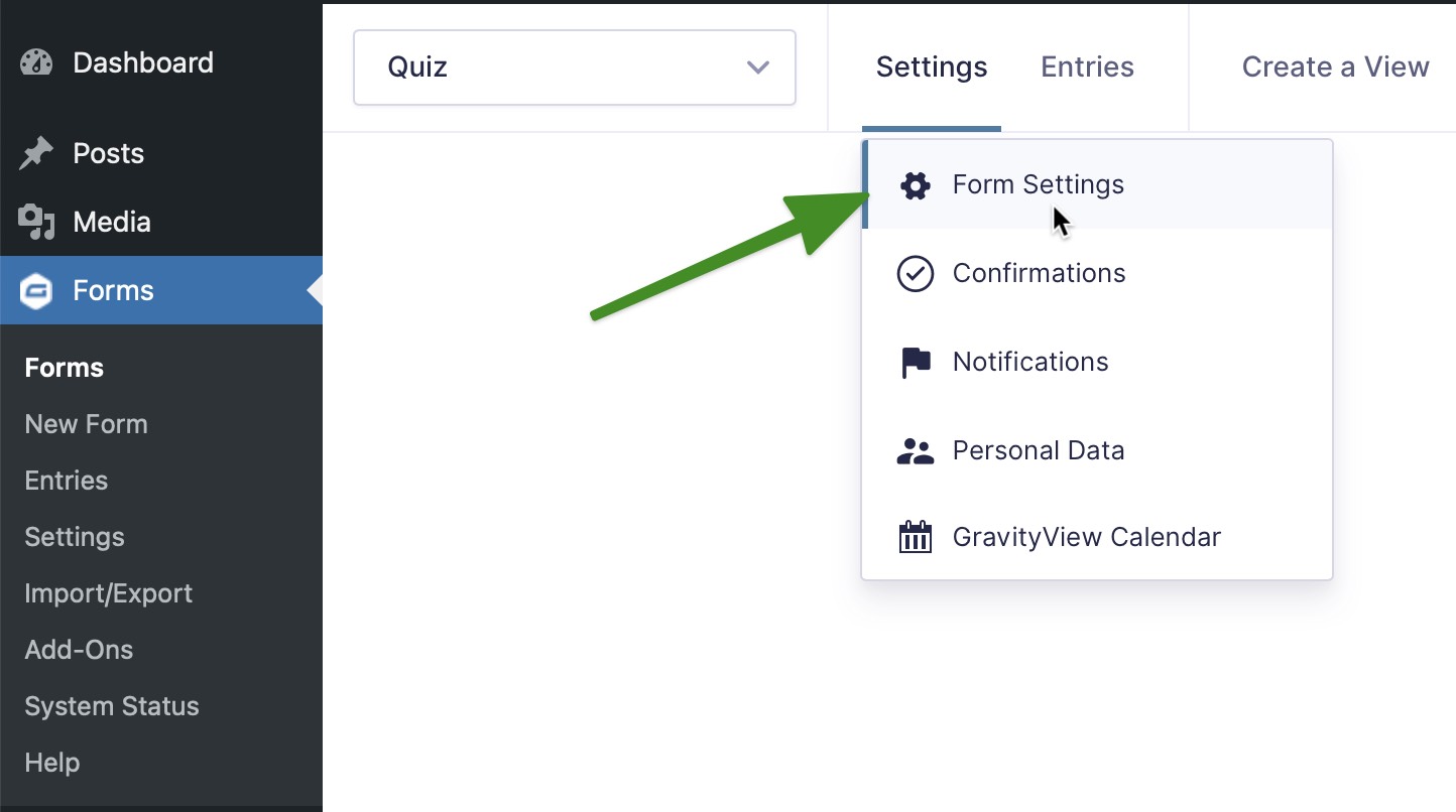 Form settings dropdown menu with options: Confirmations, Notifications, Personal Data, GravityView Calendar
