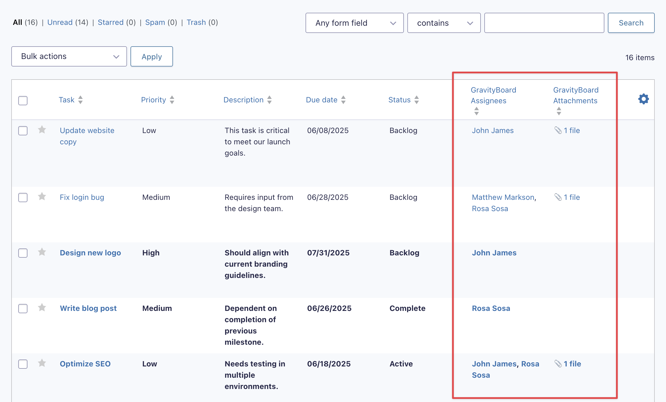 The Gravity Forms entry table. The GravityBoard Assignees and GravityBoard Attachments columns are highlighted