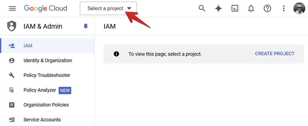 Google Cloud IAM interface with a prompt to select a project for access
