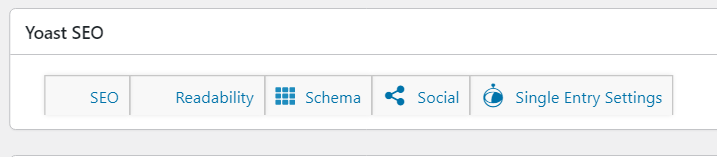 Tabs in Yoast SEO meta box: SEO, Readability, Schema, Social, Single Entry Settings