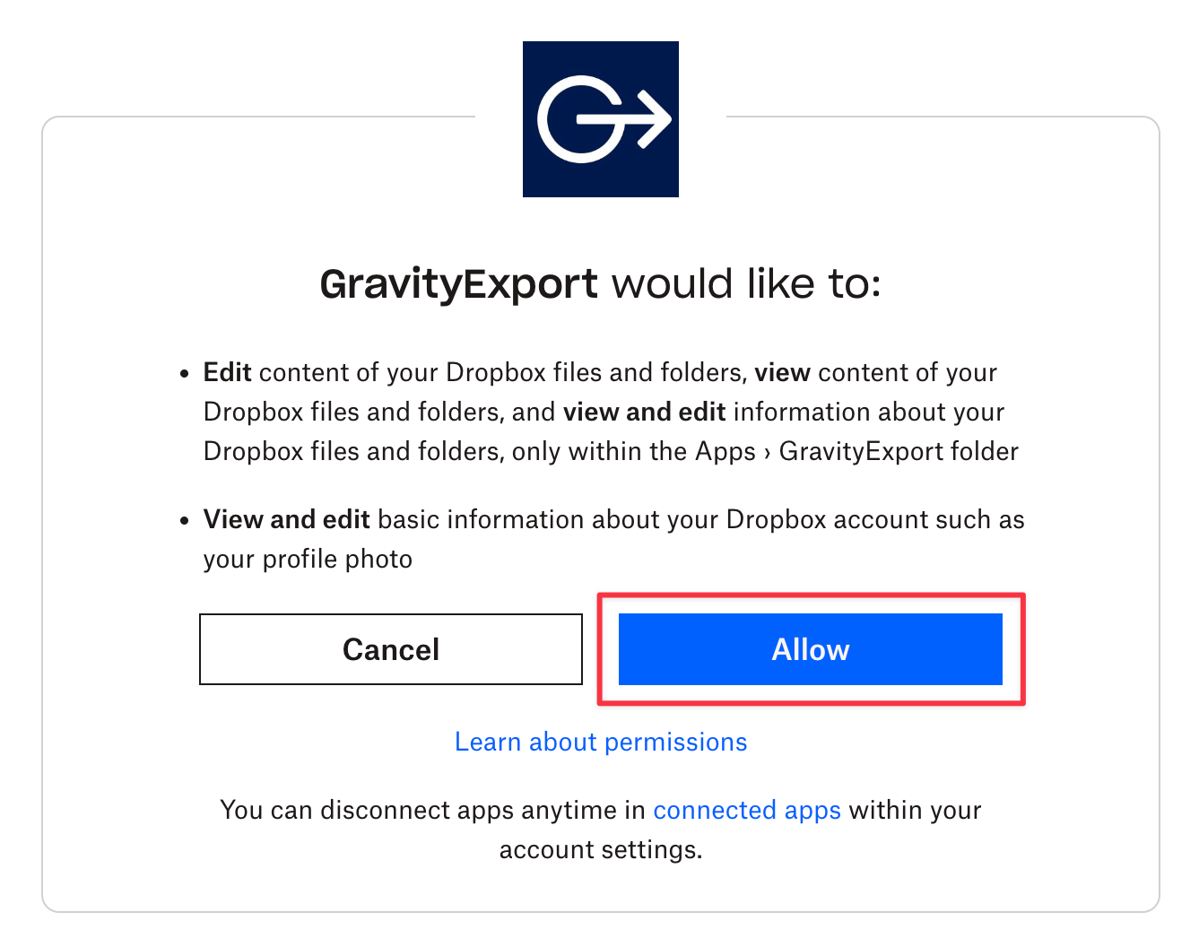 Request for permissions by GravityExport to edit Dropbox files and view account info, with Allow and Cancel options