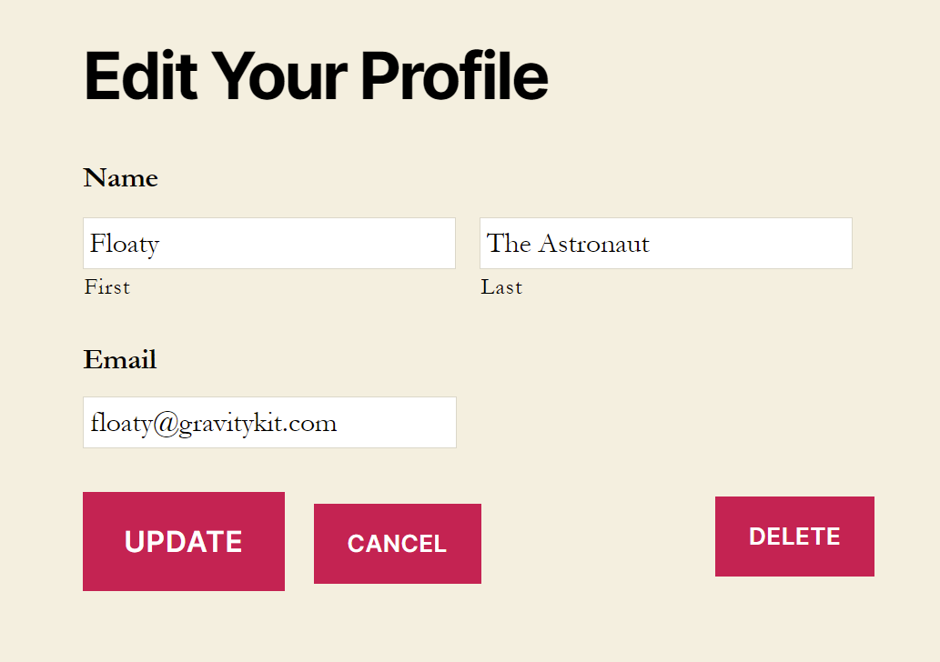 Edit profile form with fields for first name, last name, email, and Update, Cancel, Delete buttons