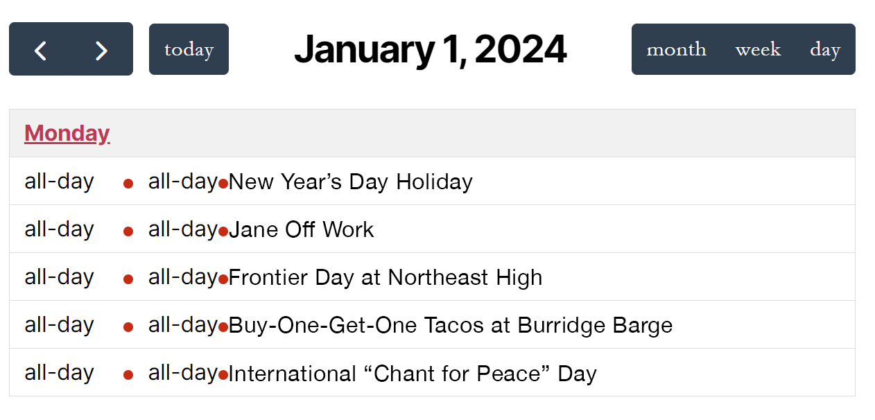 Calendar list for January 1, 2024, showing events as all-day items
