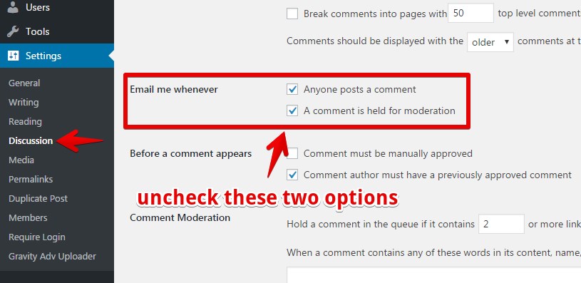 Uncheck "Anyone posts a comment" and "A comment is held for moderation" in Discussion Settings