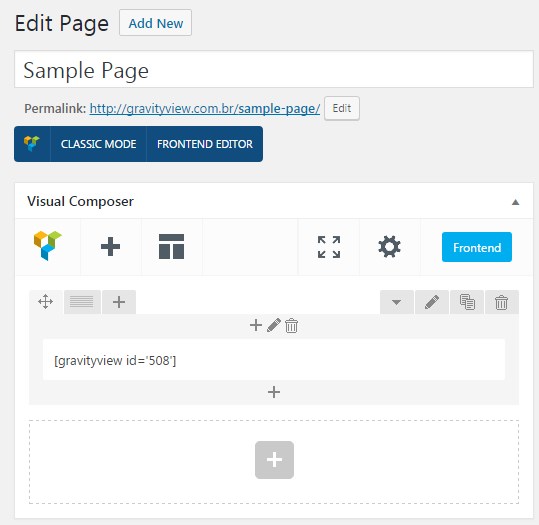 Editing a page using Visual Composer with GravityView shortcode inserted