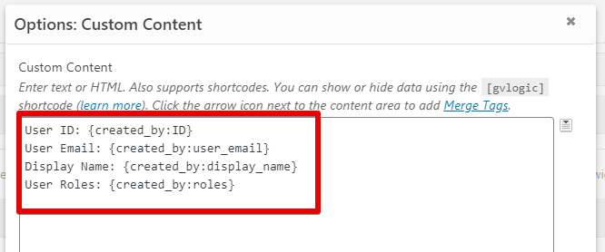 Custom content template with placeholders for User ID, Email, Display Name, and Roles