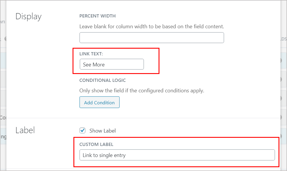 Form settings for linking to a single entry with custom label "Link to single entry"