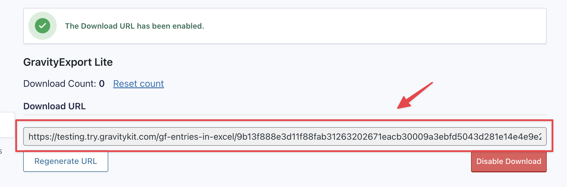 Download URL generated and enabled in GravityExport Lite, with option to regenerate or disable download