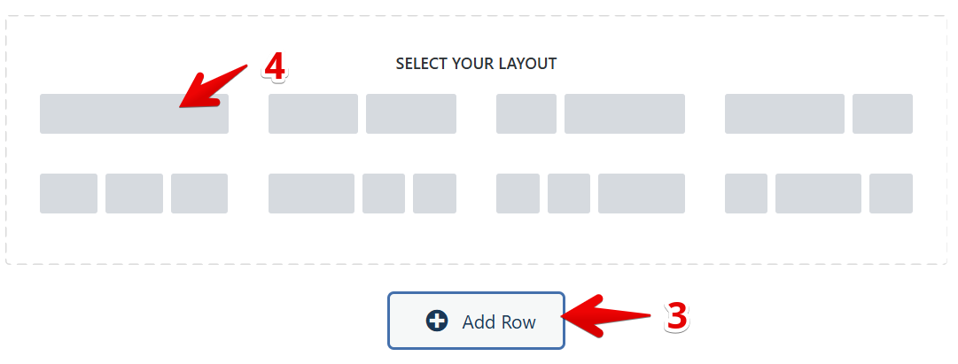 Layout selection with "Add Row" button for full-width widget arrangement