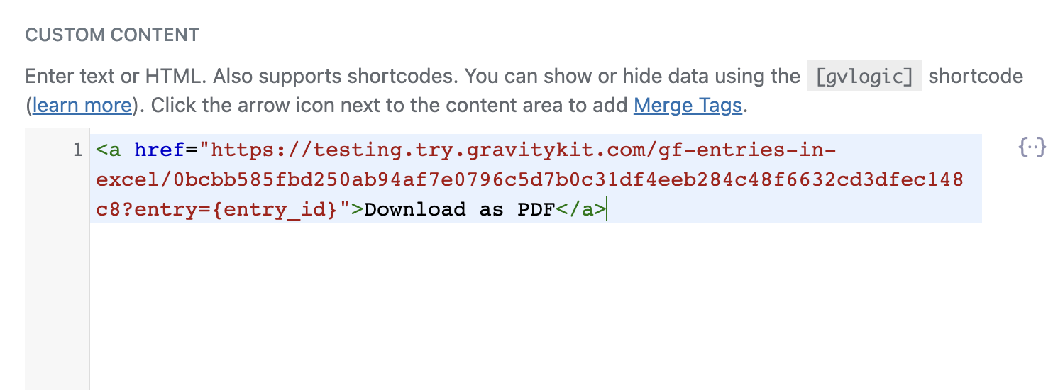 HTML code for a hyperlink to download content as a PDF using an entry ID