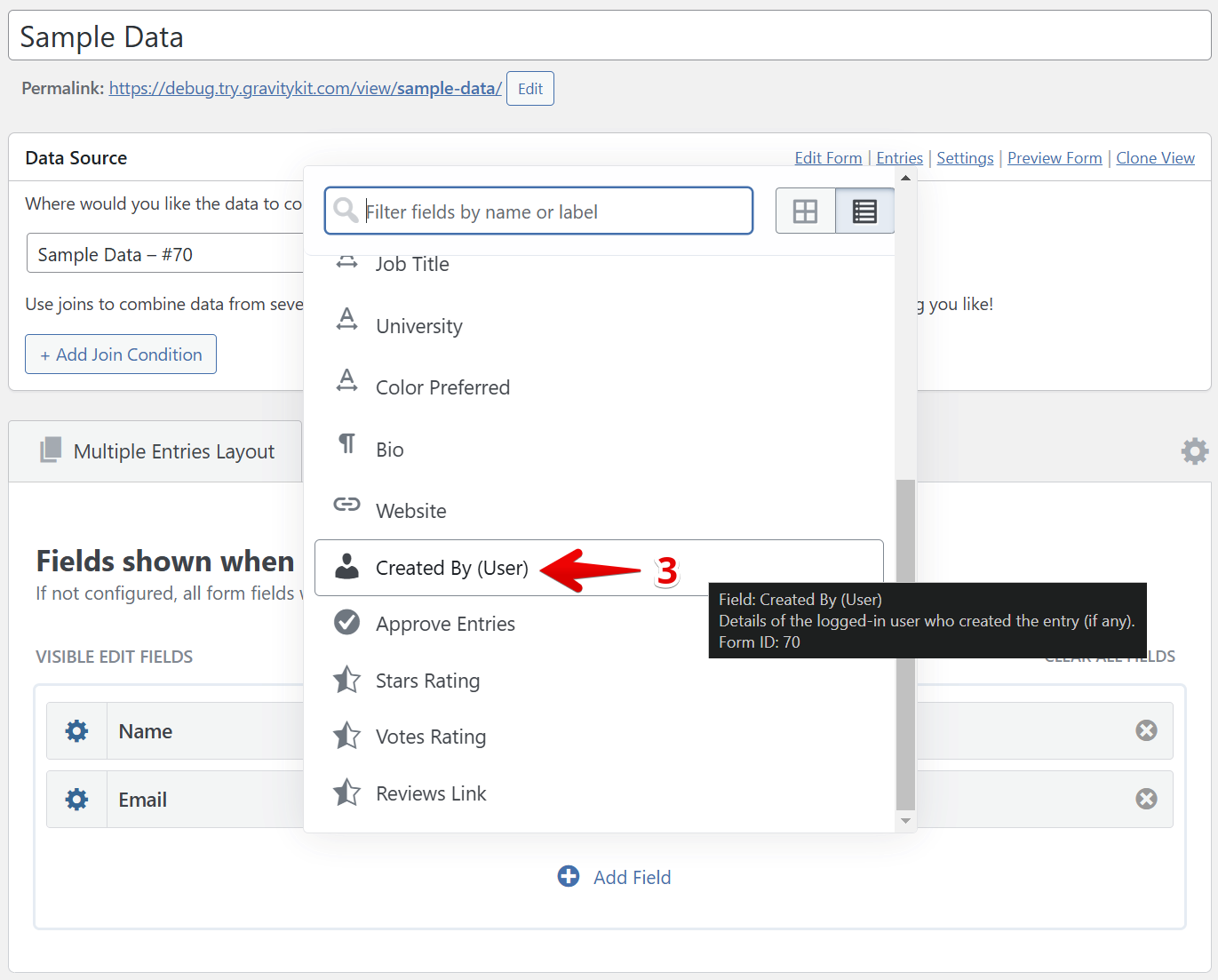 Dropdown options in GravityView to filter entries by creator with a tooltip description