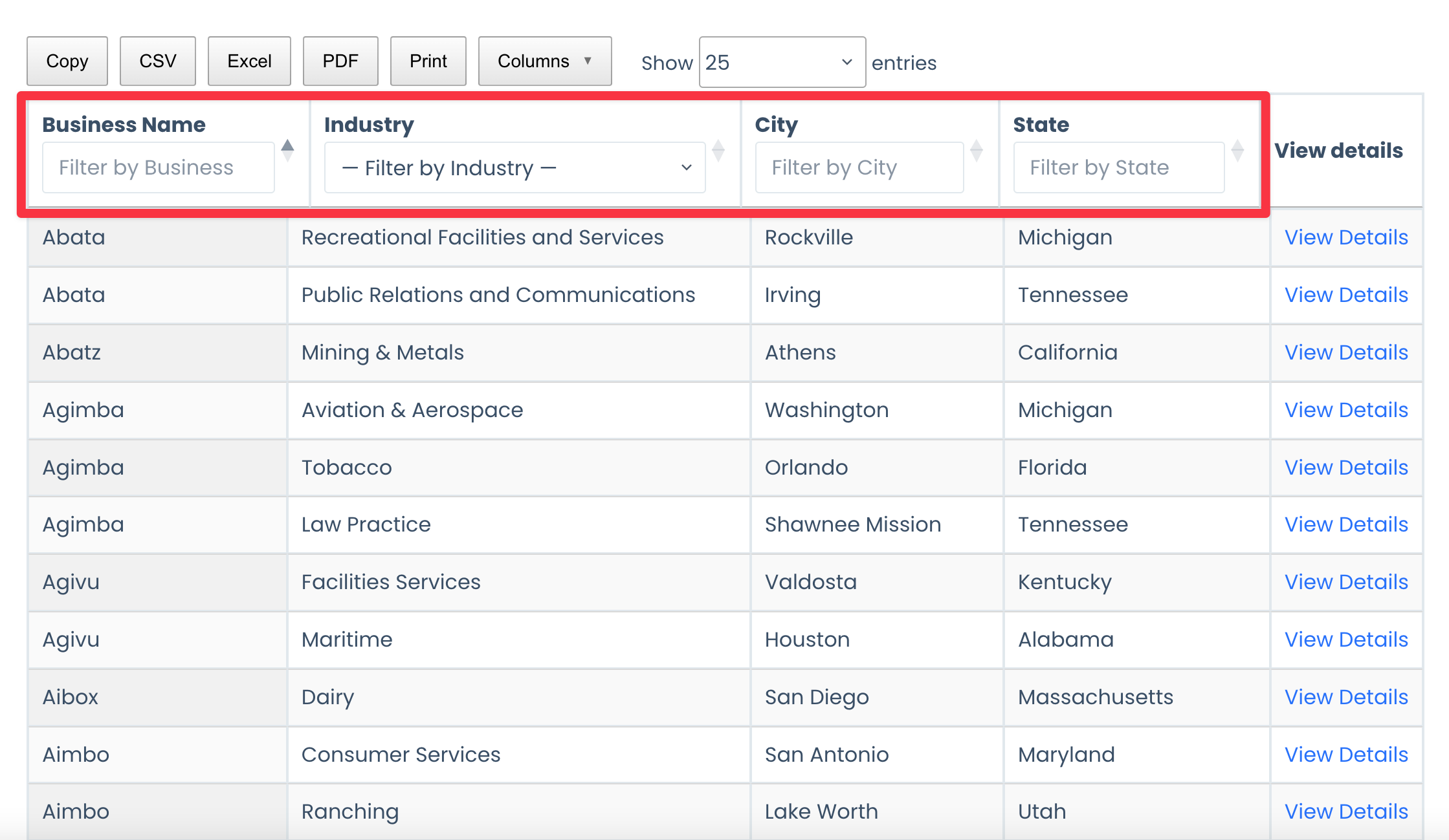 Data table with filters for Business Name, Industry, City, State, and a list of entries with view details links