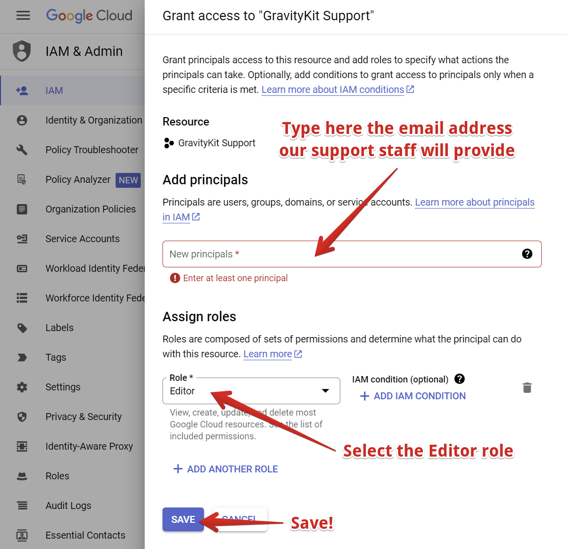 Enter the provided email as principal and select Editor role, then save changes in Google Cloud IAM settings