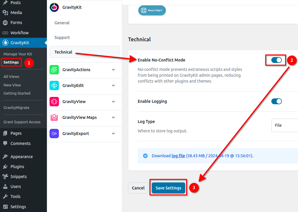 GravityKit settings menu showing how to enable No-Conflict Mode and save changes
