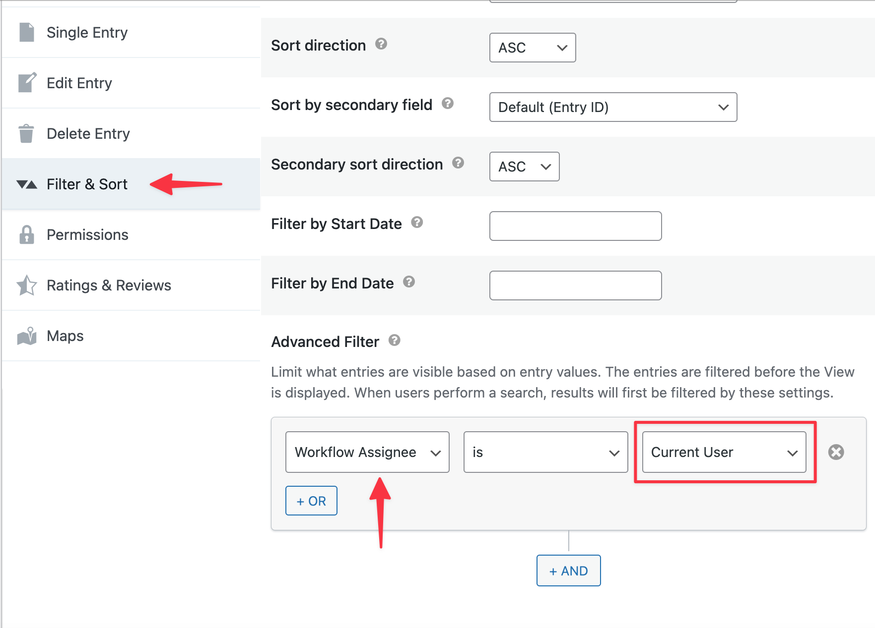 Filter settings for views: select "Workflow Assignee," "is," and "Current User" for filtering entries