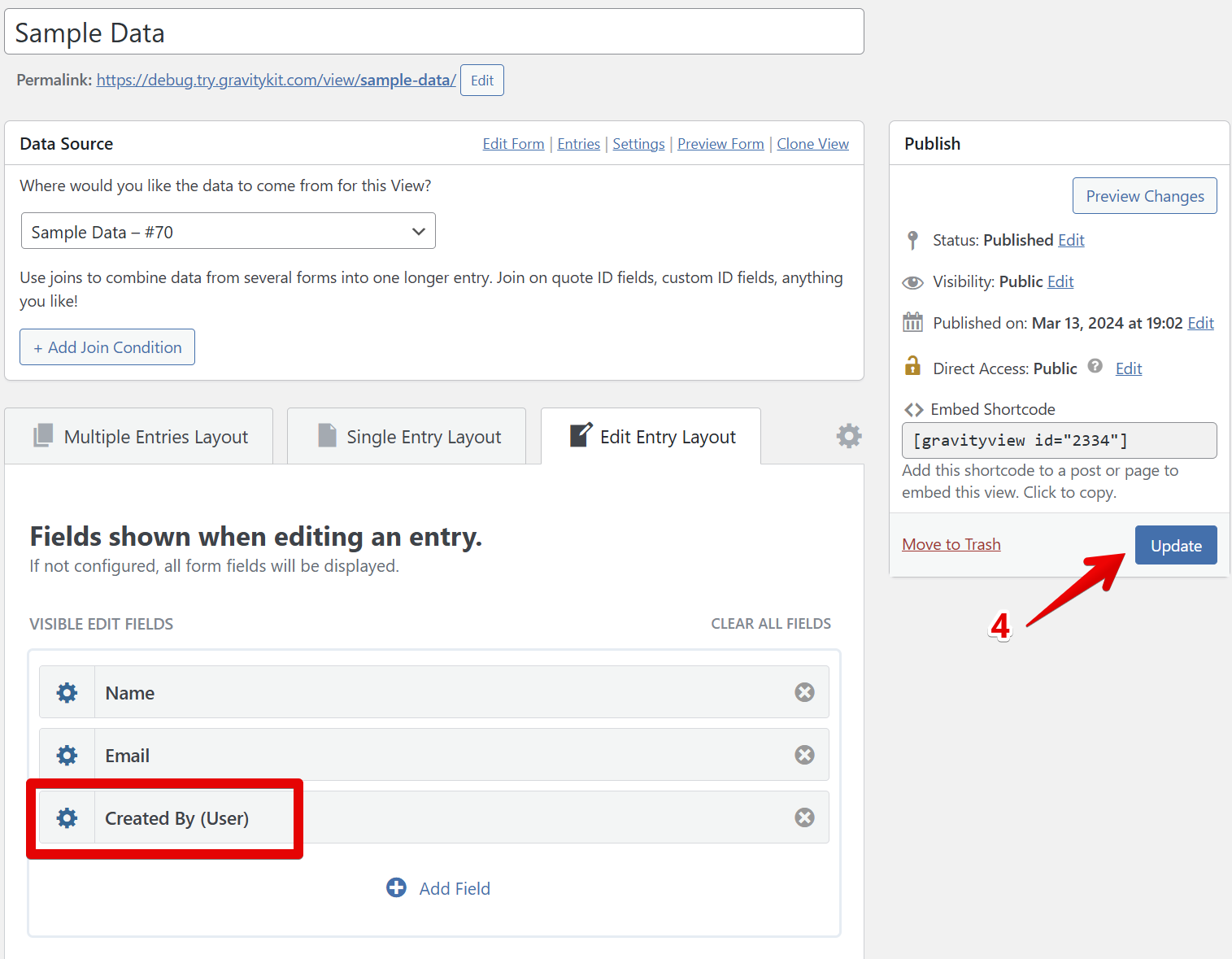 GravityView screenshot showing "Created By (User)" as an editable field, with update button highlighted