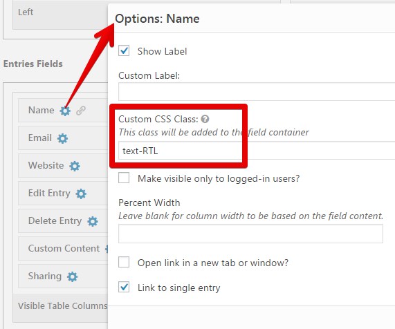 Options panel for Name field, with a custom CSS class set as "text-RTL" for adding right-to-left text support