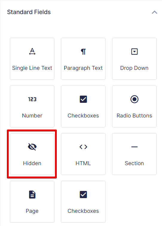 Standard fields with "Hidden" field option highlighted for editing entry visibility