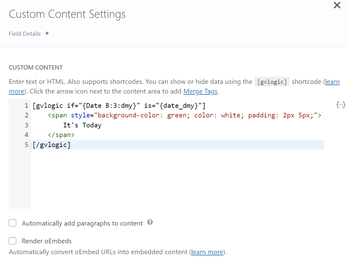 Code example showing how to highlight text if the current date matches a specific date in the documentation
