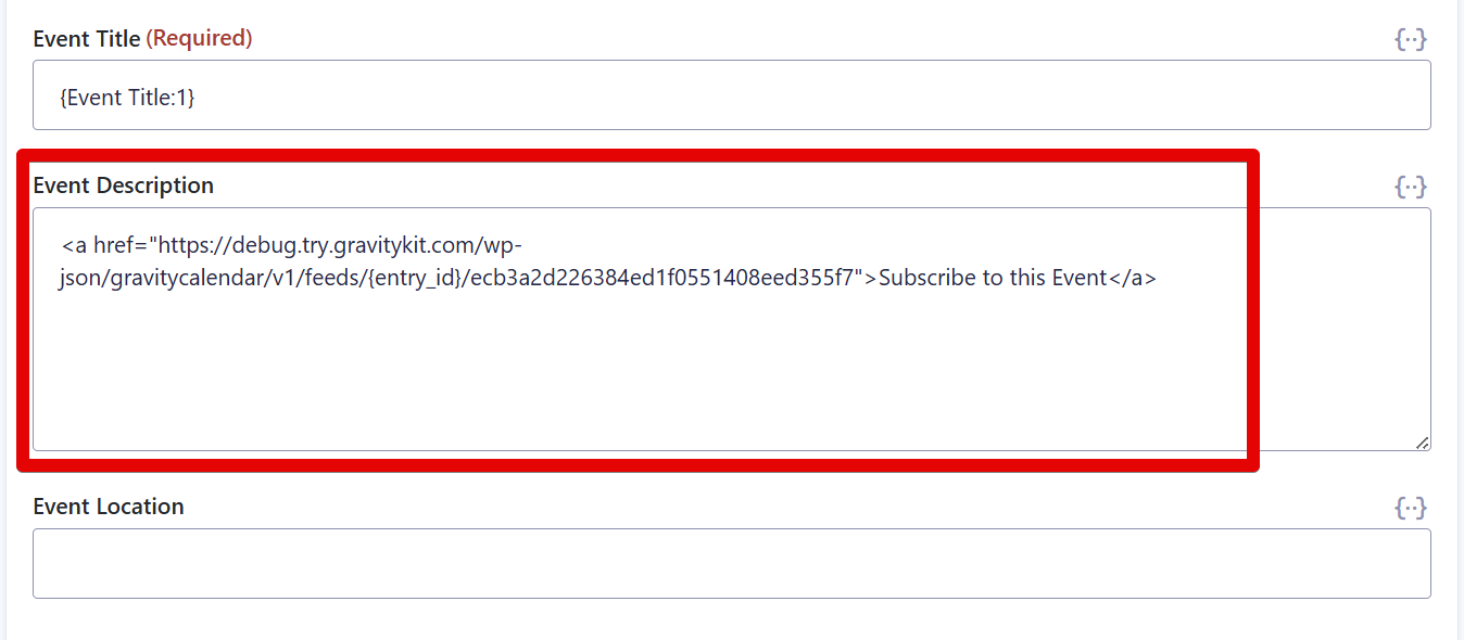 Event Description field with HTML link to subscribe to an event