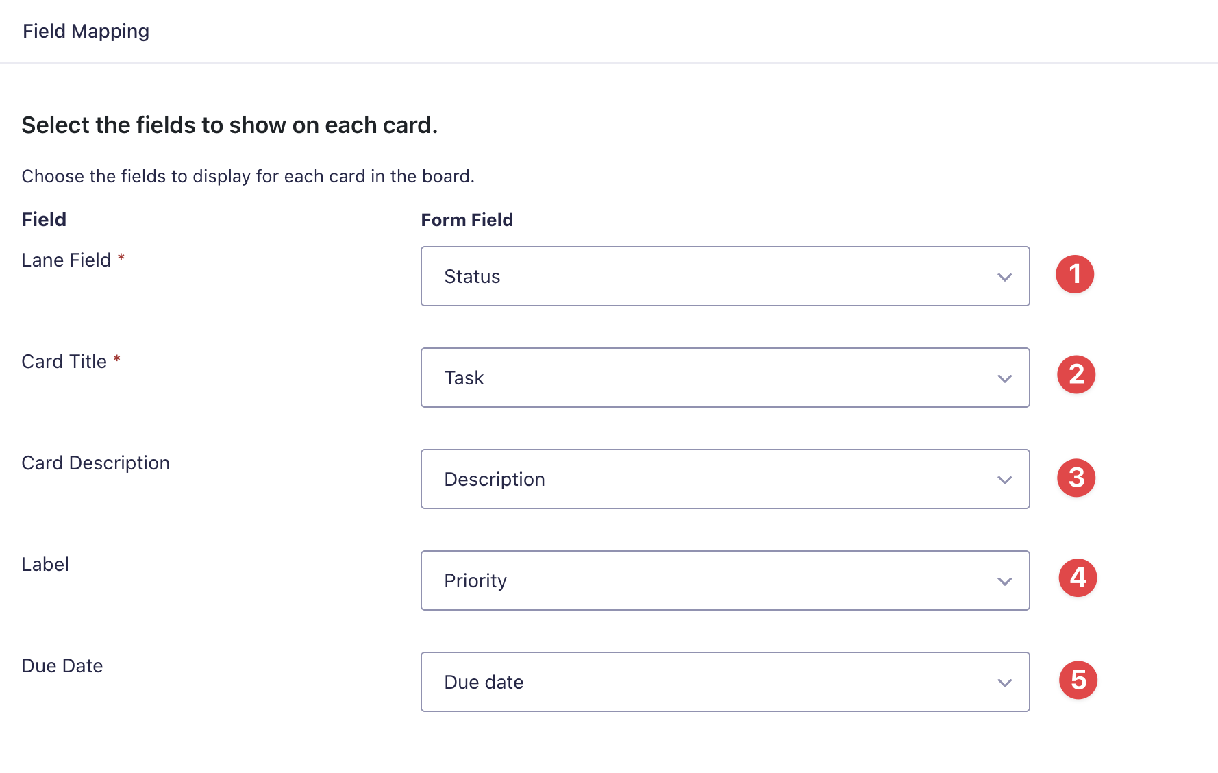 Field labels with dropdowns to map them to existing form fields. The fields are Lane Field, Card Title, Card Description, Label and Due Date